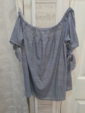 Suzy Shier-Blue and White Striped Off-Shoulder Top